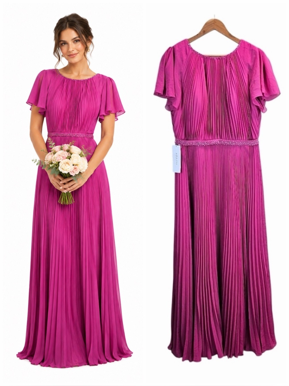 Azazie Kara Women A-Line Pleated Chiffon Floor Length Dress 14 Fuchsia Bridesmai